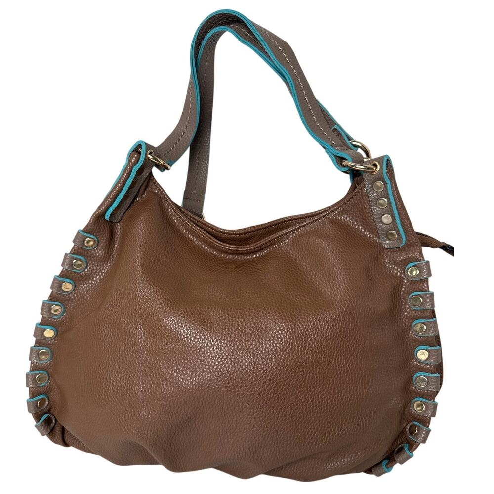 Louis Cardy boho shoulder bag brown gold studs turquoise trim faux leather
